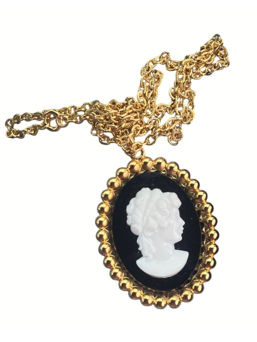 Gold Tone Cameo Pendant Necklace With Chain Black and White Silhouette Design